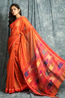 Orange woven bengal handloom saree with blouse 2