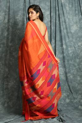 Orange woven bengal handloom saree with blouse 3