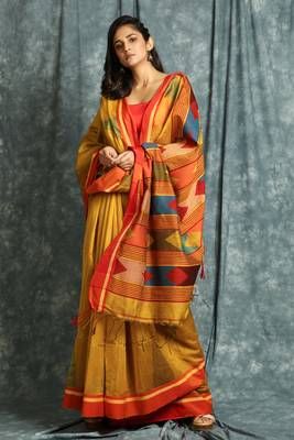 Mustard woven bengal handloom saree with blouse 1