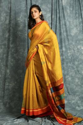 Mustard woven bengal handloom saree with blouse 2