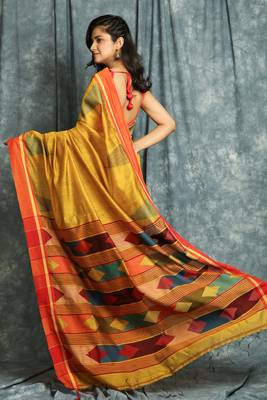 Mustard woven bengal handloom saree with blouse 3
