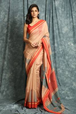 Salmon woven bengal handloom saree with blouse 1