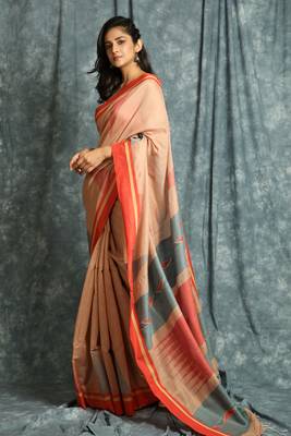 Salmon woven bengal handloom saree with blouse 2