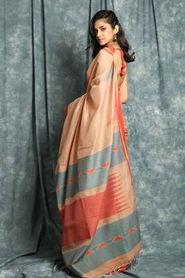 Salmon woven bengal handloom saree with blouse 3