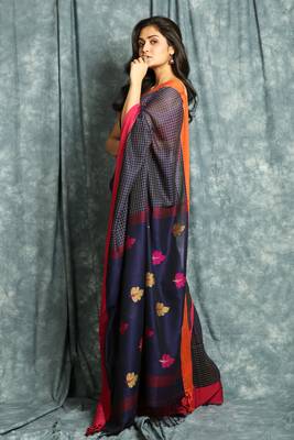 Indigo woven bengal handloom saree with blouse 2