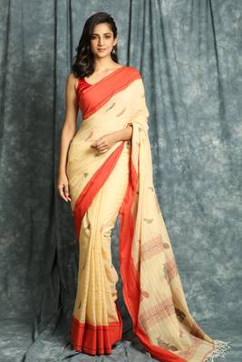 Beige woven bengal handloom saree with blouse 1
