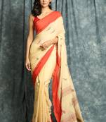 Beige woven bengal handloom saree with blouse