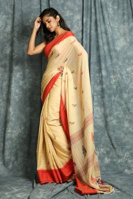 Beige woven bengal handloom saree with blouse 2