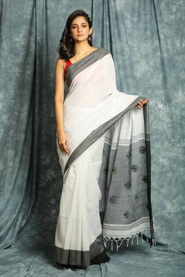 White woven bengal handloom saree with blouse 1