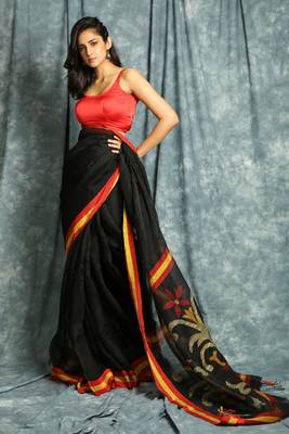 Black woven linen saree with blouse 1