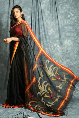 Black woven linen saree with blouse 2