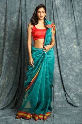 Teal woven linen saree with blouse 1