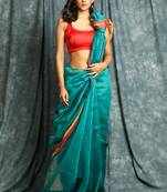 Teal woven linen saree with blouse