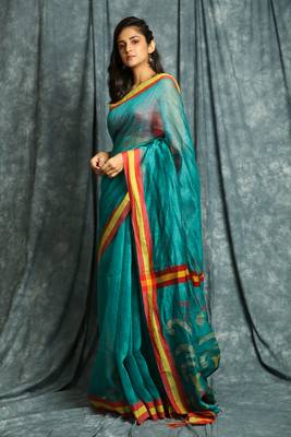 Teal woven linen saree with blouse 2