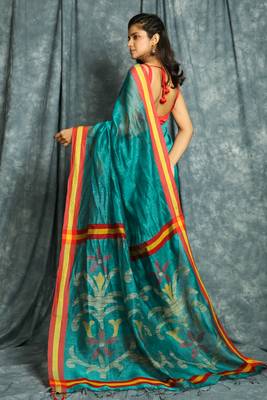 Teal woven linen saree with blouse 3