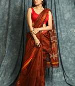 Brown woven linen saree with blouse