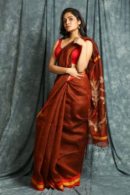Brown woven linen saree with blouse 2