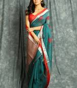 Teal woven linen saree with blouse