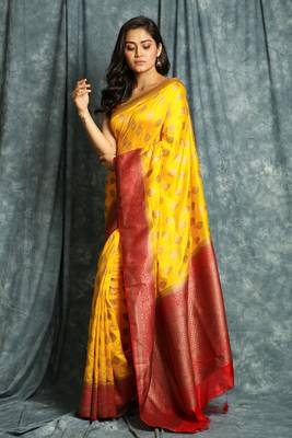 Yellow woven silk saree with blouse 2