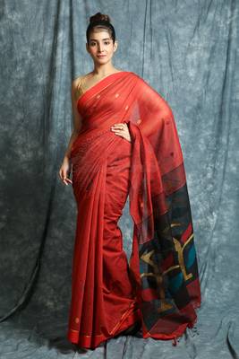 Red woven bengal handloom saree with blouse 1