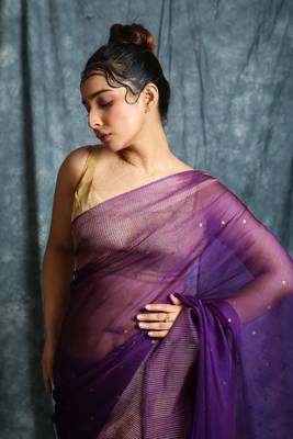 Purple woven matka silk saree with blouse 4