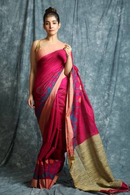 Pink woven bengal handloom saree with blouse 1