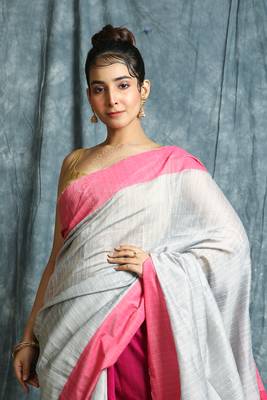 Grey woven bengal handloom saree with blouse 4