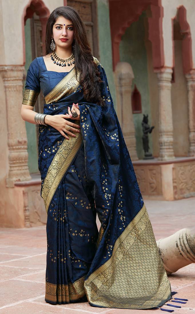 Blue Banarasi Cotton Silk Saree with Running Blouse Fabric BS34