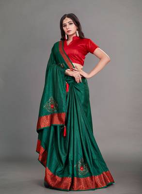 Green Color Ciroski Work Designer Jacquard Pure Silk Saree With Blouse Piece 2