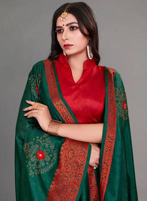 Green Color Ciroski Work Designer Jacquard Pure Silk Saree With Blouse Piece 4
