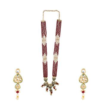 Traditional Gold Plated Kundan Red Pearl Multi Layered Red Meena Work Long Necklace & Earrings Set For Women 2