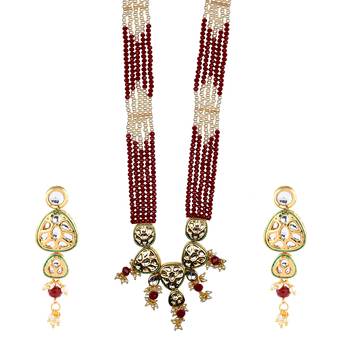 Traditional Gold Plated Kundan Red Pearl Multi Layered Red Meena Work Long Necklace & Earrings Set For Women 3