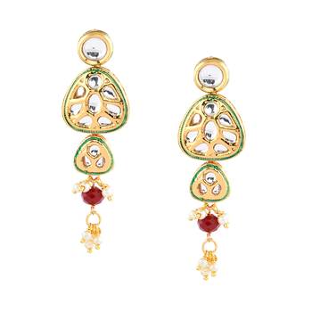 Traditional Gold Plated Kundan Red Pearl Multi Layered Red Meena Work Long Necklace & Earrings Set For Women 4