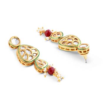 Traditional Gold Plated Kundan Red Pearl Multi Layered Red Meena Work Long Necklace & Earrings Set For Women 5