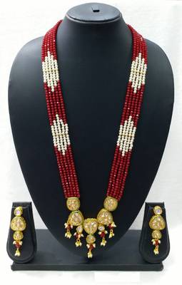 Traditional Gold Plated Kundan Red Pearl Multi Layered Red Meena Work Long Necklace & Earrings Set For Women 6