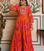 Orange Jaipuri Bandhej Printed Long Anarkali