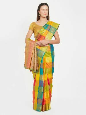 Yellow woven art silk saree with blouse 1
