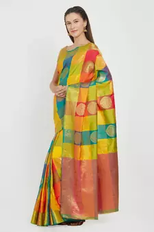 Yellow woven art silk saree with blouse