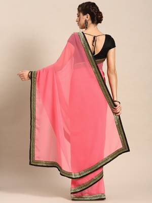 Pink embroidered georgette saree with blouse 2