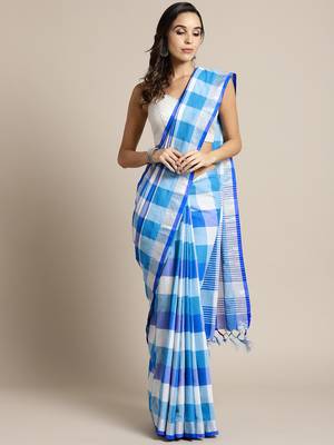 Blue woven blended cotton saree with blouse 1