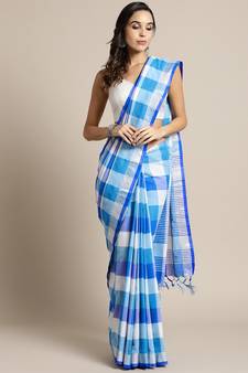 Blue woven blended cotton saree with blouse