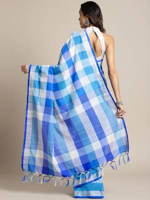 Blue woven blended cotton saree with blouse 2