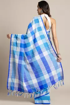 Blue woven blended cotton saree with blouse