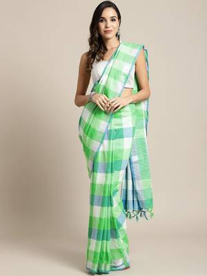 Green woven blended cotton saree with blouse 1