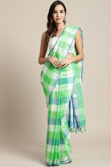 Green woven blended cotton saree with blouse
