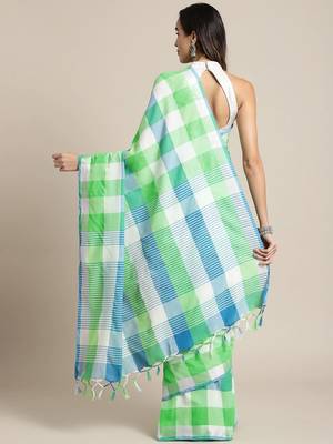 Green woven blended cotton saree with blouse 2