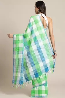 Green woven blended cotton saree with blouse