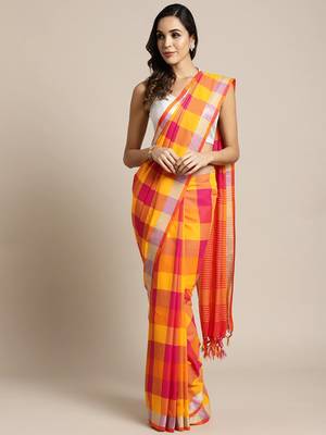 Yellow woven blended cotton saree with blouse 1