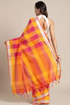 Yellow woven blended cotton saree with blouse