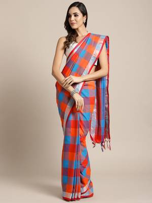 Orange woven blended cotton saree with blouse 1